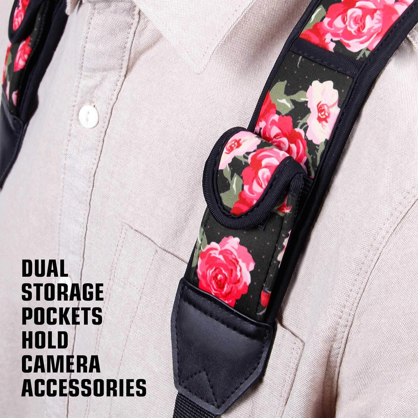 USA Gear DSLR Camera Strap Chest Harness with Quick Release Buckles, Floral Neoprene Pattern and Accessory Pockets