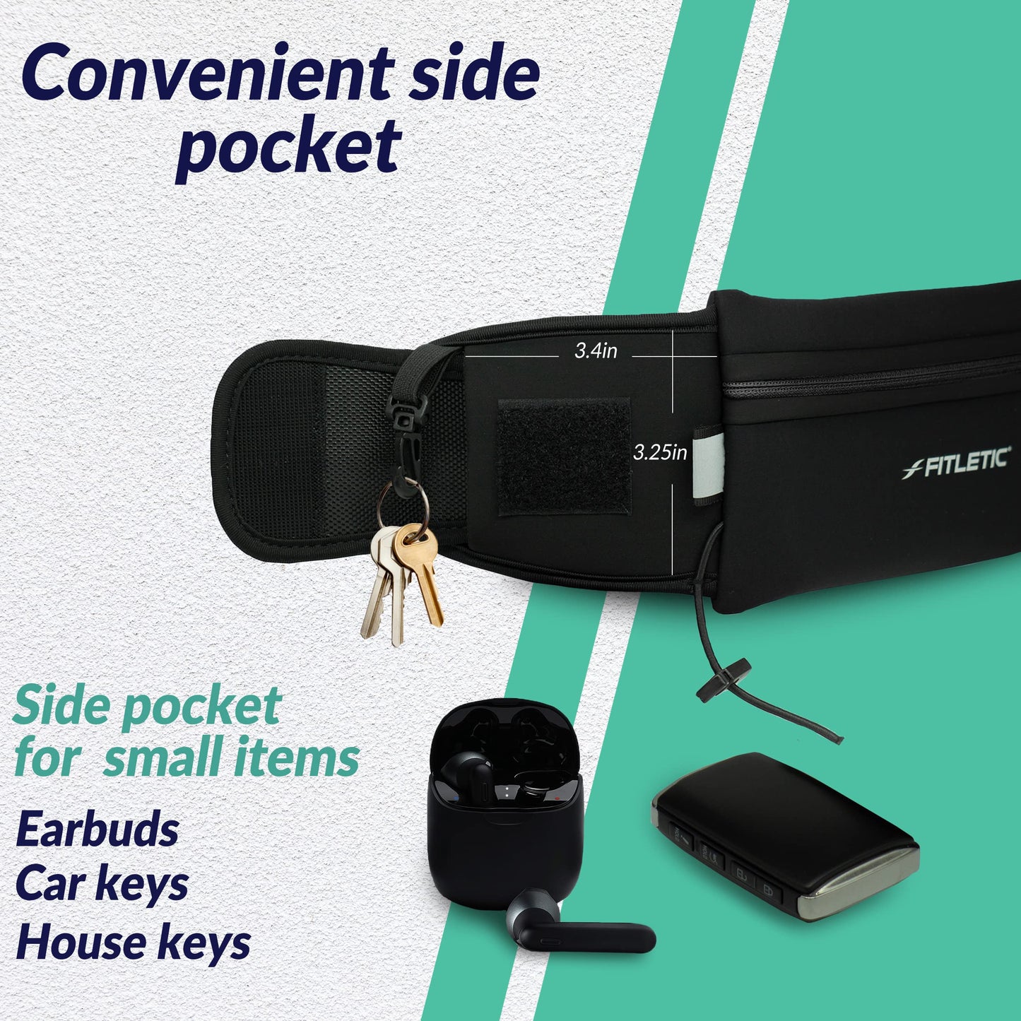 Fitletic Running Belt with Side Pocket, Loops for Energy Gels, Race Bib Number Holder. Waist Pack Water Resistant Phone Holder. Model Ultimate II Black