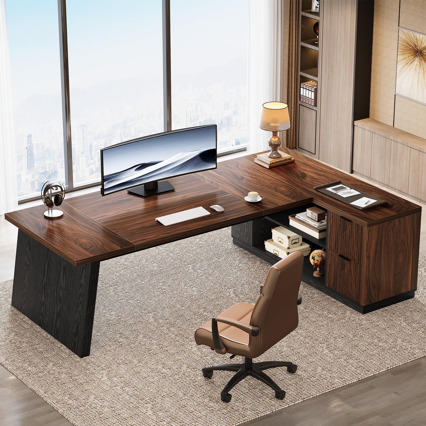 Tribesigns 78" L Shaped Executive Desk, Large Office Desk with Drawers and Storage Shelves, Modern Corner Computer Table Business Furniture for Home Office (Walnut & Brown)