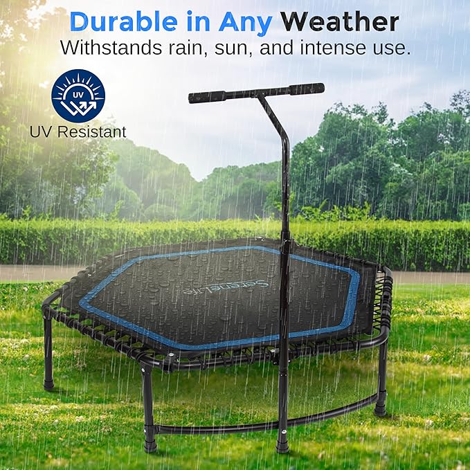 SereneLife 40"/50" Mini Trampoline for Adults - 450/550LBS Fitness Trampoline with Reinforced Springs & Adjustable Safety Handle - Stable & Quiet Supports Whole-Body Workout & Relaxation