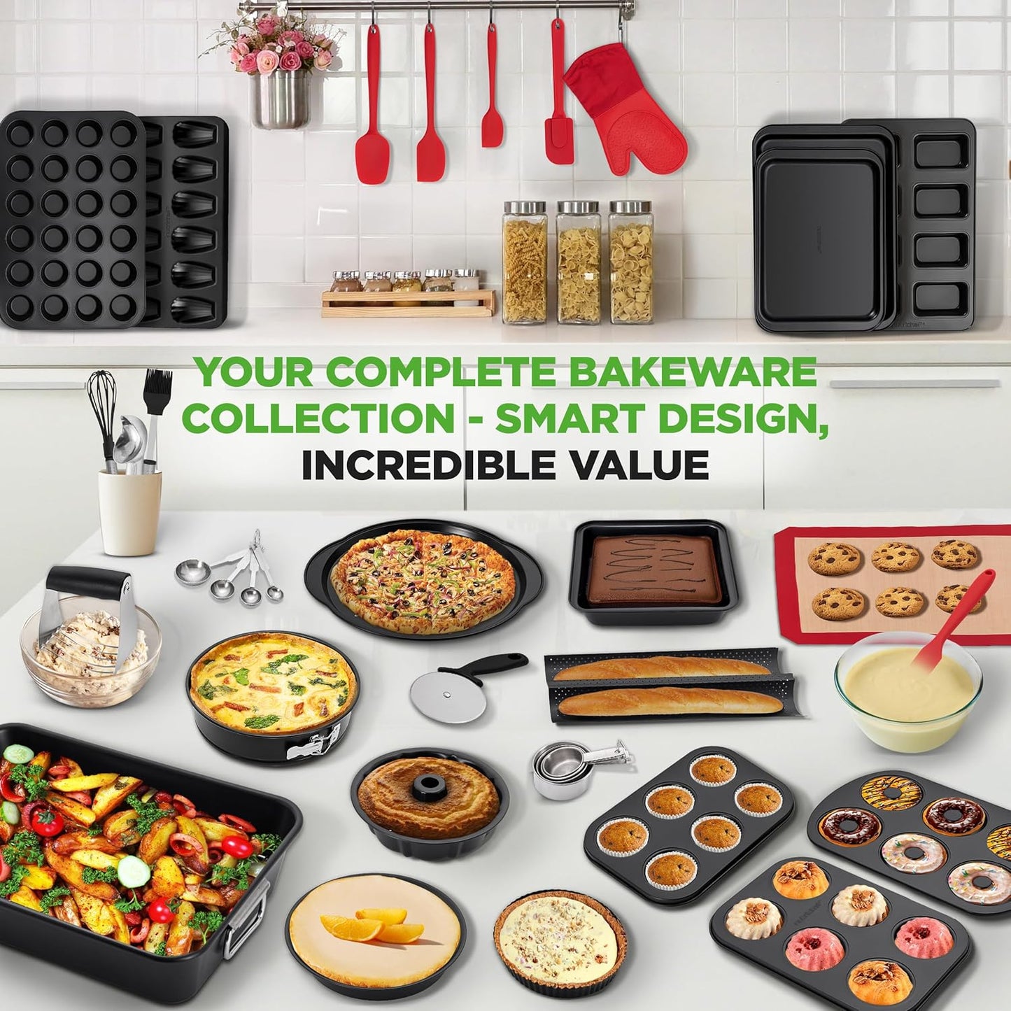 NutriChef 42-Piece Nonstick Bakeware Set - Carbon Steel Pans & Essential Baking Tools - Perfect for Savory & Sweet Treats