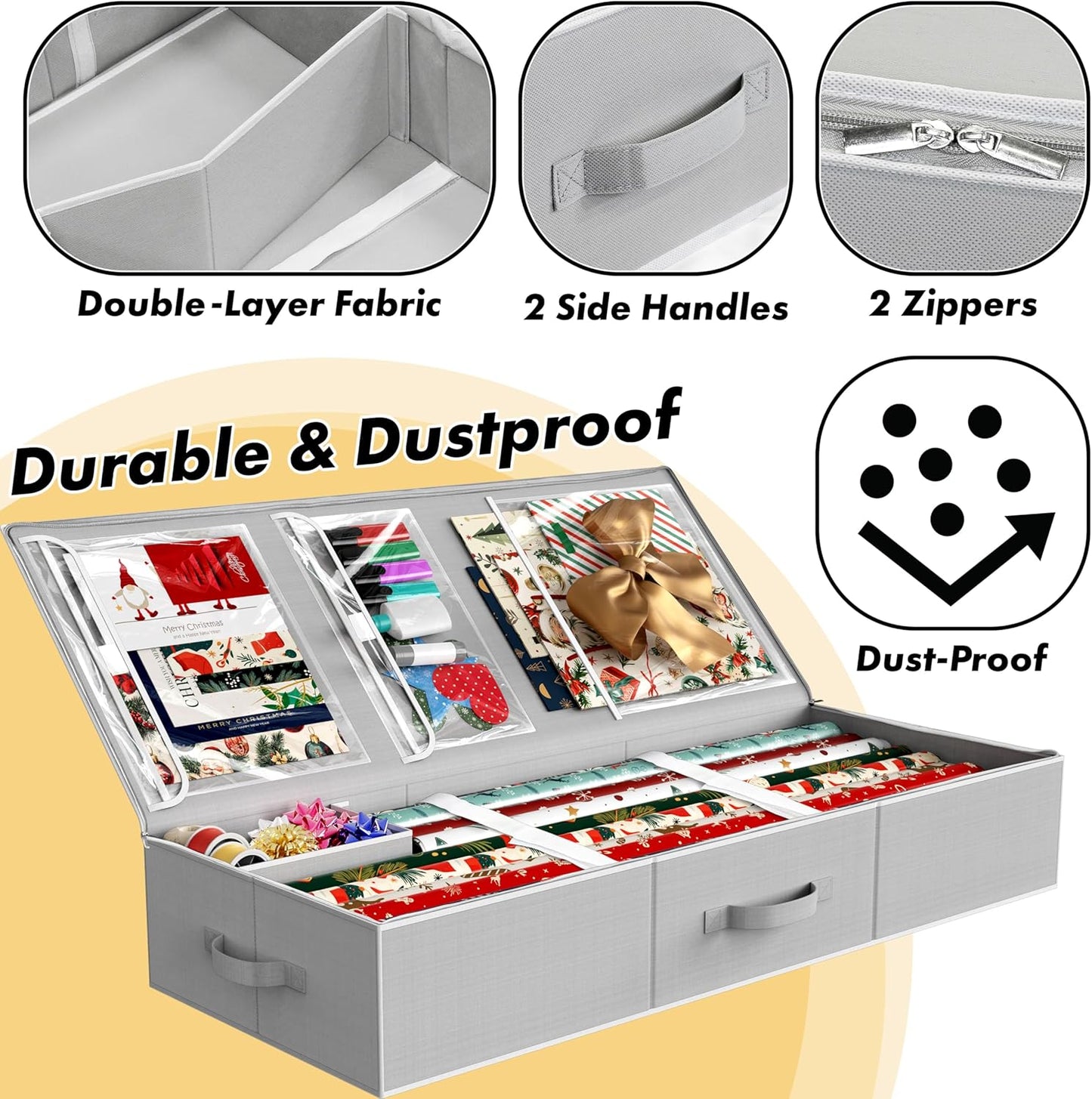 Simple Houseware Wrapping Paper Storage Organizer - Holds 40 Rolls, Adjustable Straps & Clear Pockets, 41.5''L x 16''W, Gray
