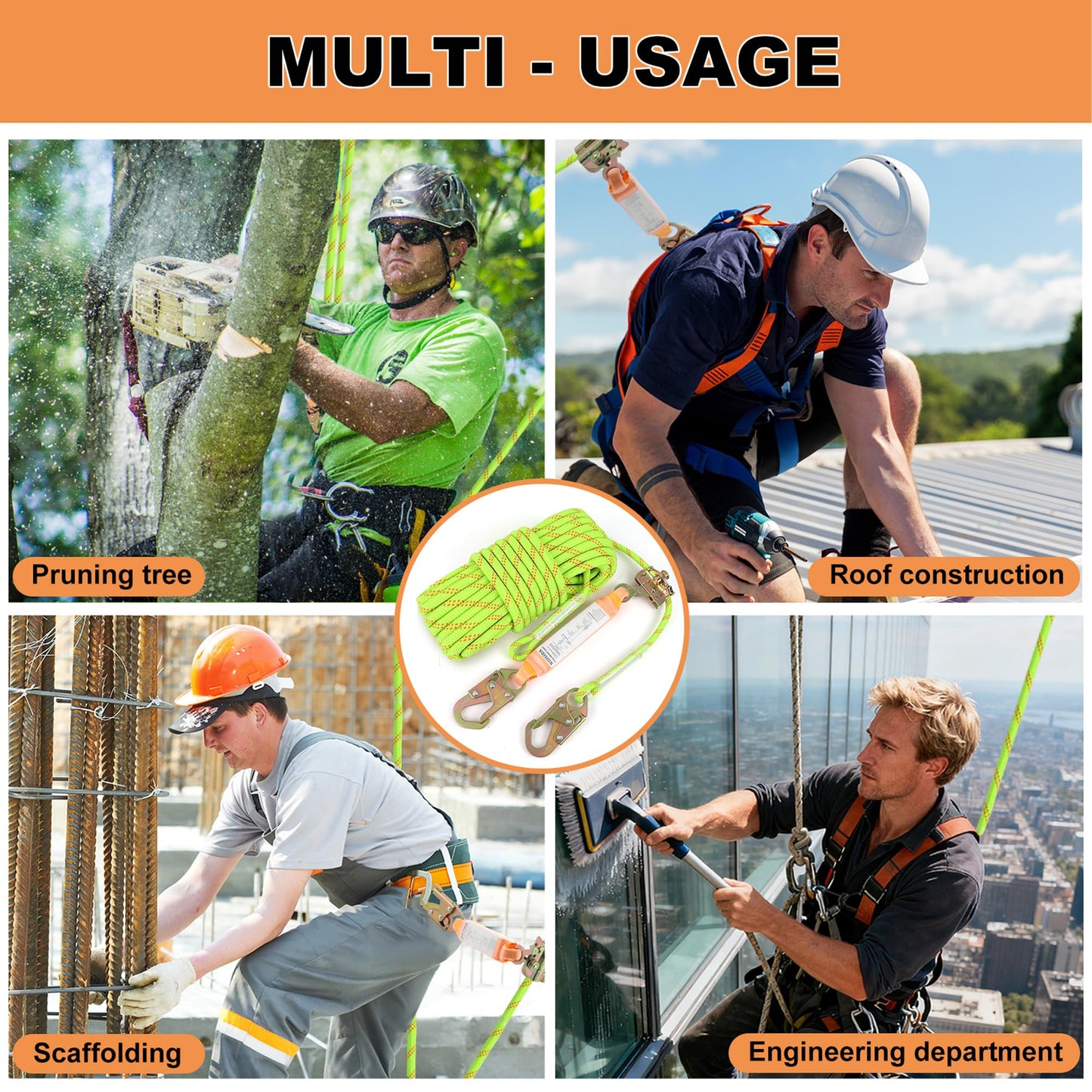 Rope Harness Safety Lanyard 50FT Fall Protection Vertical Roofing Rope with Grab Snap Hooks Shock Absorber Safety Ropes Tree Climbing Line Kit Heavy Duty Roof Safety Equipment