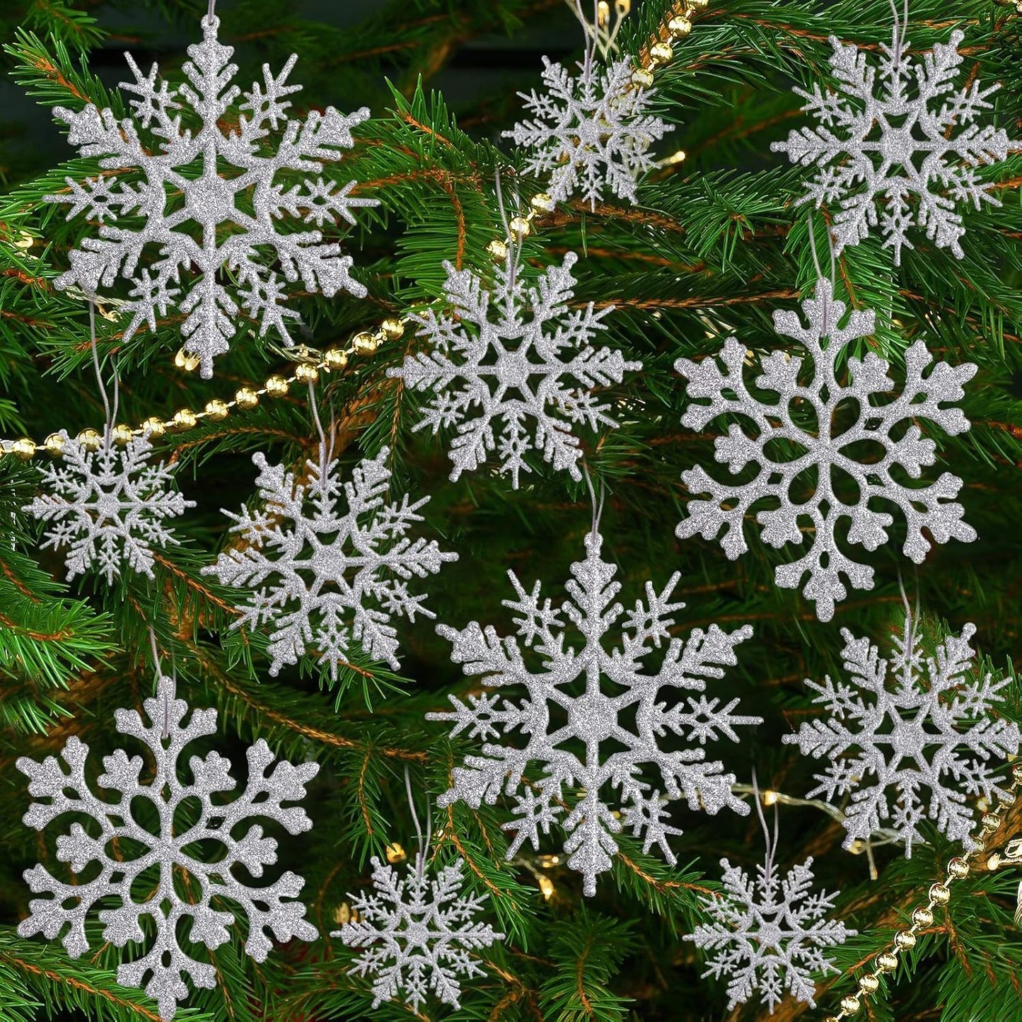 Skiennix Silver Snowflake Ornaments - 36 Pack Glittery Plastic Decorations for Winter & Christmas Trees