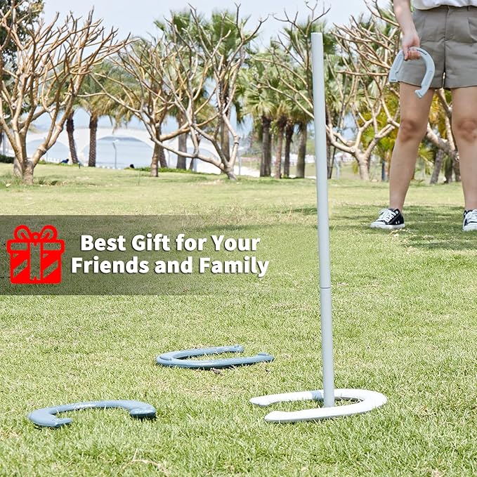 Horseshoes Outside Game Set - Universal Size Lawn Horseshoes Outdoor Games for Parties Beach Backyard, Includes 4 Horseshoes, 2 Steel Stakes and Durable Carrying Bag