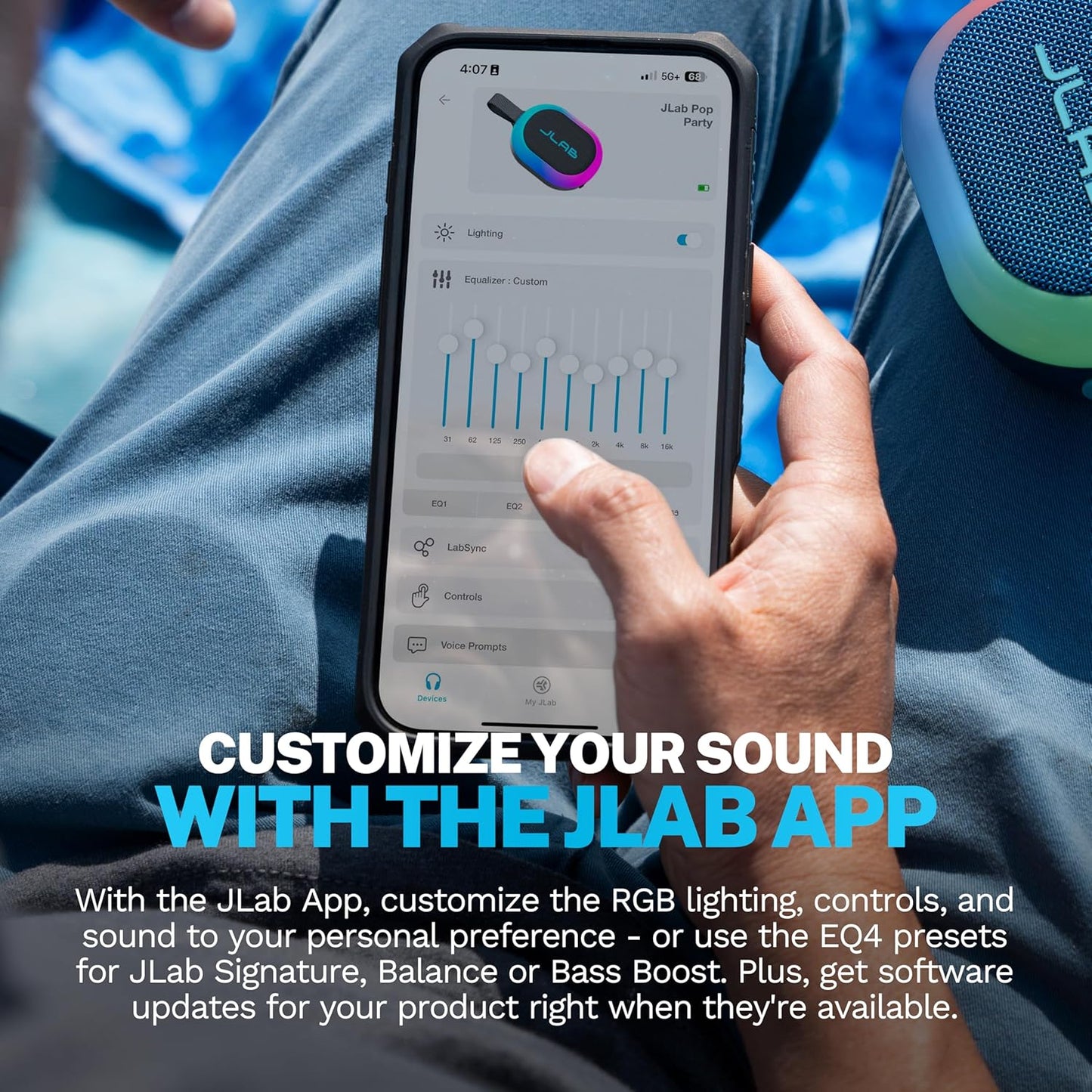 JLab 8+ IP55 100 Pop Party Portable Bluetooth Speaker, Navy, Hours of Playtime, Waterproofing, Detachable Loop Handle