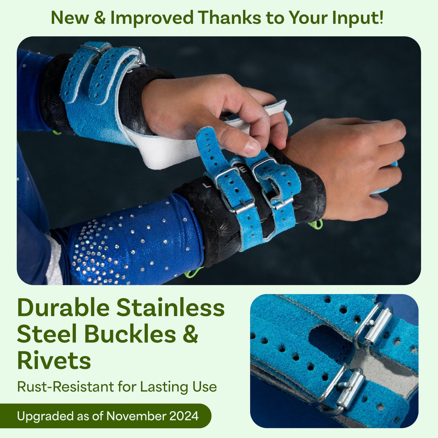 LEVIERO Gymnastics Grips Set Narrow Squeeze, Grips for Gymnastics Girls, Dowel Grips with Soft Leather, Double Buckle Wrist Closure, and Adjustable Finger Holes, for All Ages - (Aqua, 000)