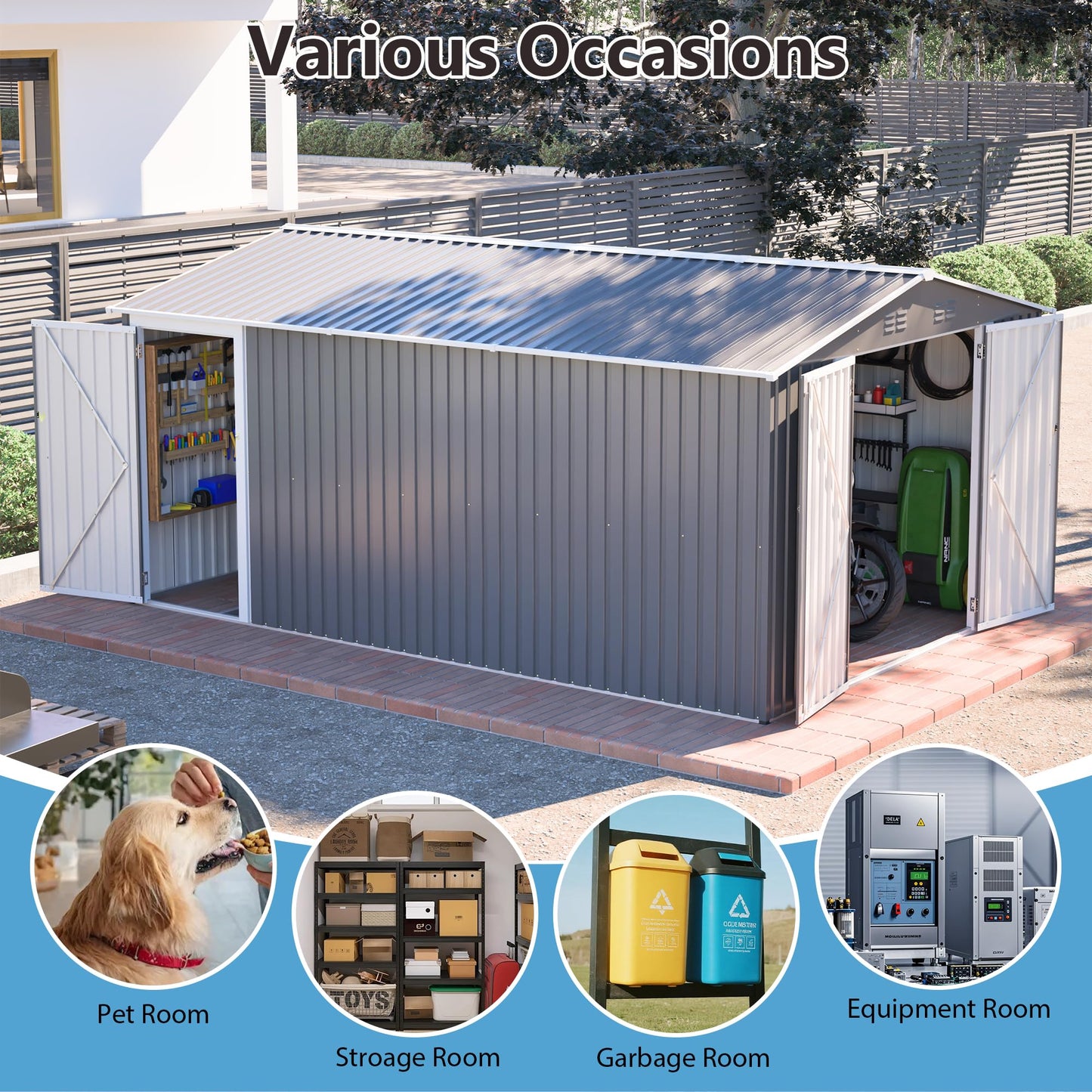 10'x14' Galvanized Steel Outdoor Storage Shed with 3 Lockable Hinged Doors & Side Access Door, 4 Top Air Vents & Built-in Raised Floor Frame, Large Garden Tool Shed, Gray