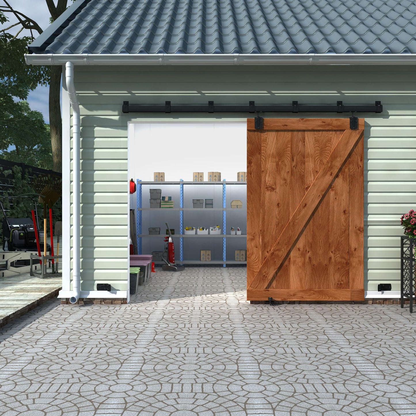 WEWORTH 9FT Black Box Rail Exterior Sliding Barn Door Hardware Track Kit, Heavy Duty Barn Door Track Set, Wall Mount Outdoor Weatherproof Single Barn Door Hardware with 5 Track Brackets(No Doors）