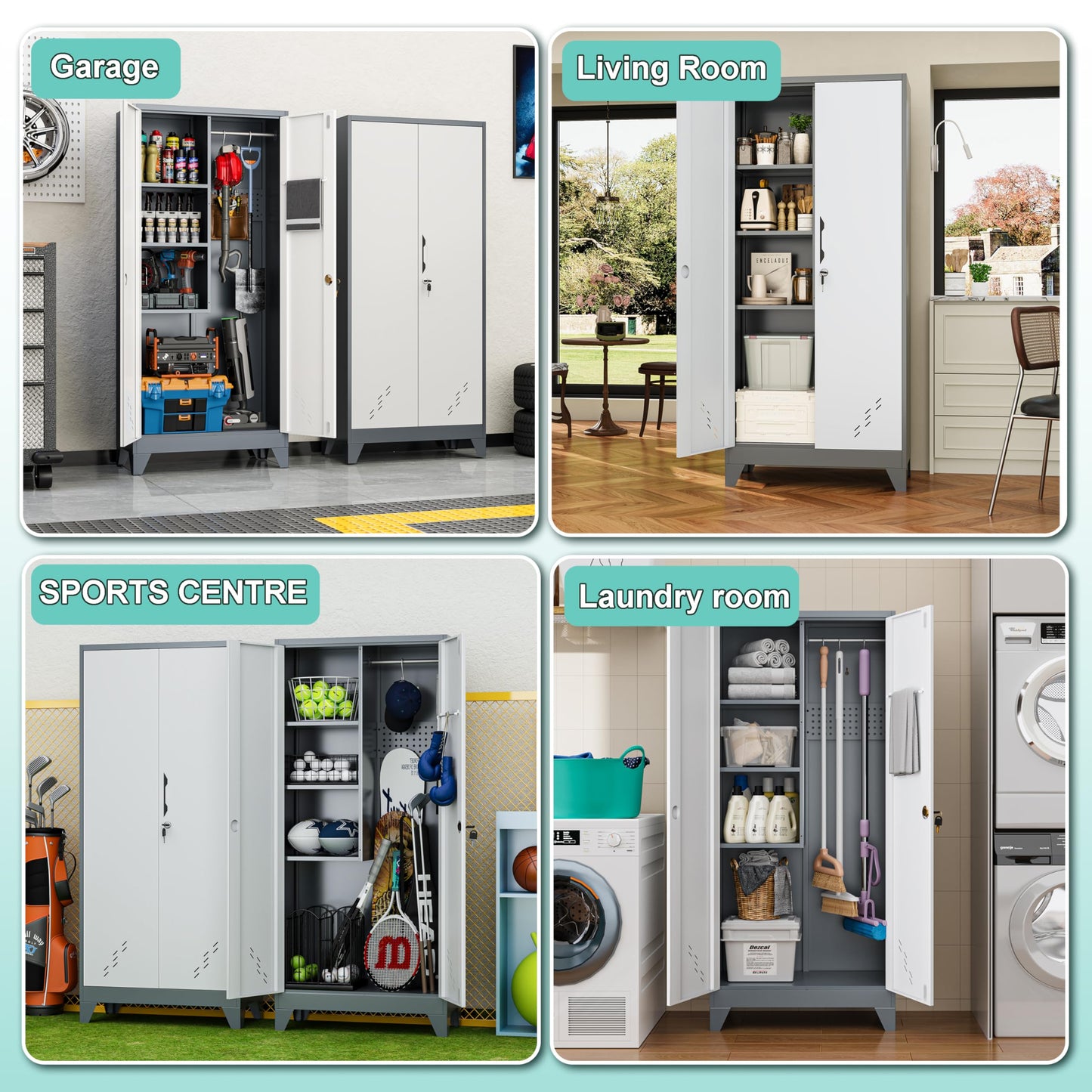 DUTYSEST Storage Cabinet 61" H, Locking Cabinet with Doors and Shelves, Metal Pantry Cabinets for Tool Organization,Gray White Cabinet with Removable Pegboard for Garage,Utility Room,Office