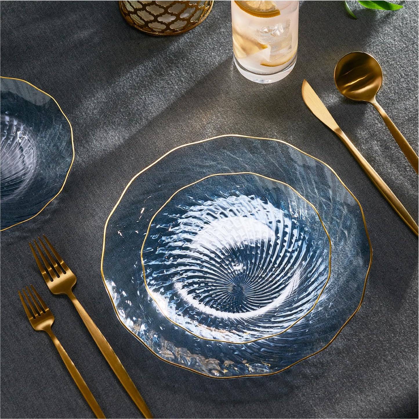 PLASTICPRO 120 Pack Plastic Plates Set of 60-10 inch Plates and 60-7 inch Plates, Elegant Clear Blue Spiral and Gold Rim Disposable Fancy Plates Premium Heavyweight