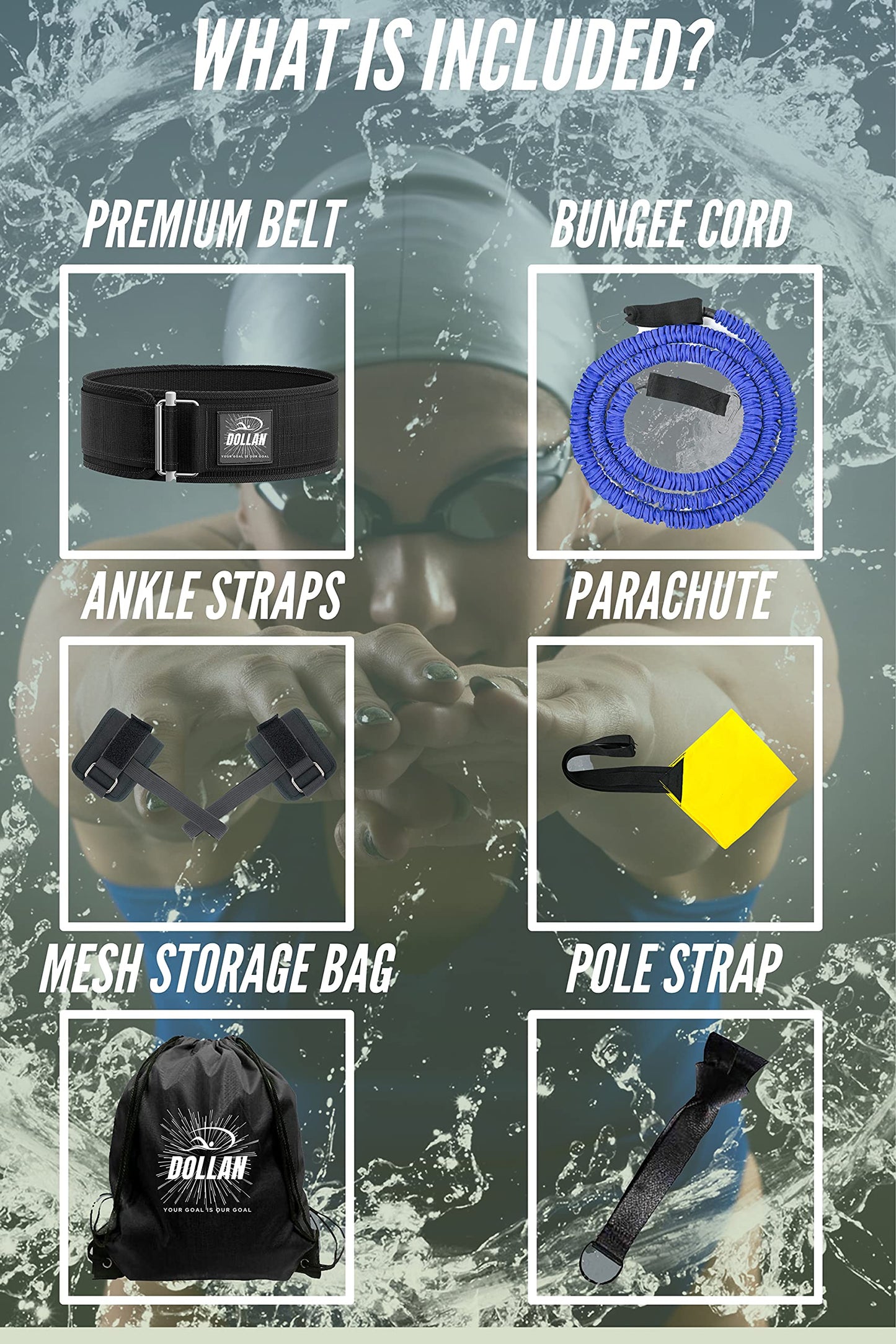 3 Ways to Use Swim Tether Stationary Swimming Training Belt,Swim Equipment Kit,Swim Belt for Adults,Swimming Resistance Belt,Ankle Bands,Parachute,Swim Trainer,Bungee Cords, Static Harness