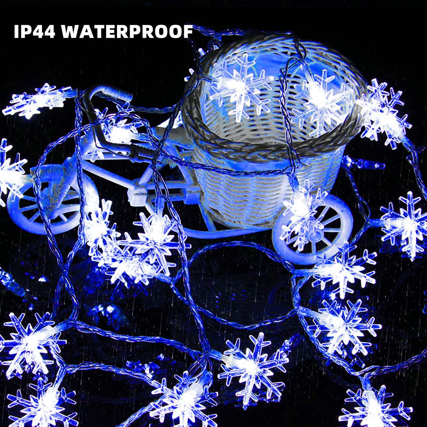 Dazzle Bright Snowflake String Lights, 100LED 50FT, Battery Operated, 8 Lighting Modes, Indoor Outdoor Decorations, Blue