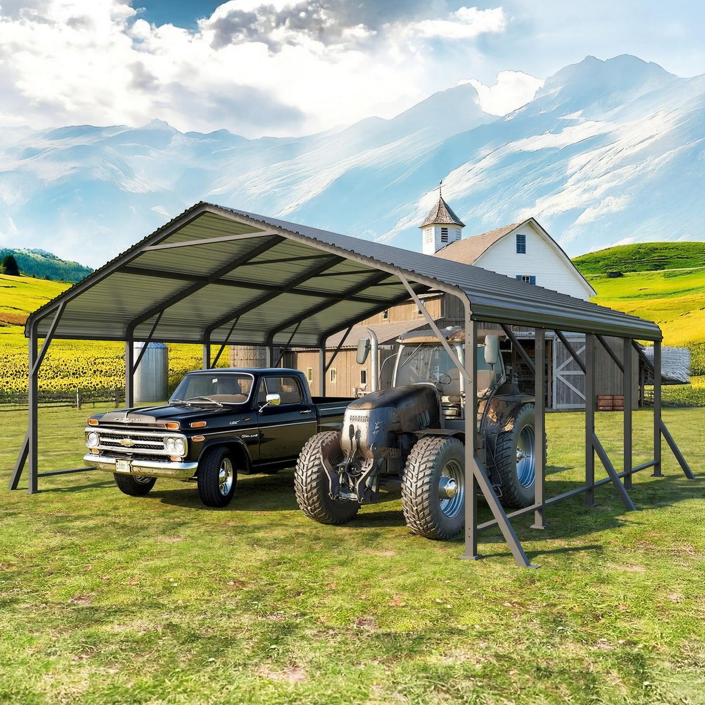 20'x20' Metal Carport with Updated Roof & Enhanced Base, Heavy Duty Canopy Carport Garage, Vertaile for Car, Truck, Boat, Tractors, Party, Dark Gray