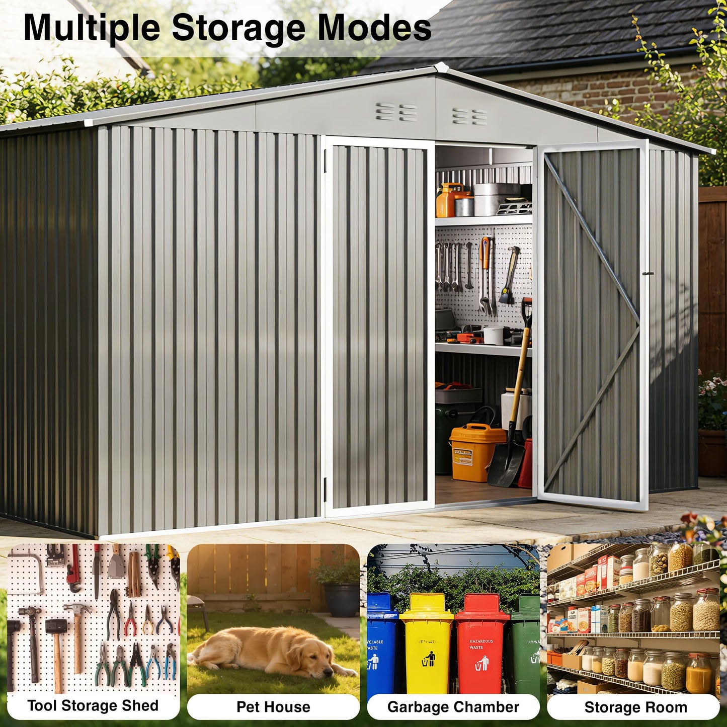 12 x 10FT Sheds & Outdoor Storage, Grey Metal Waterproof Storage Shed with Door and Lock Outdoor Shed,All-Weather Shelter for Bike, Gardening Tools, Lawn Mowers