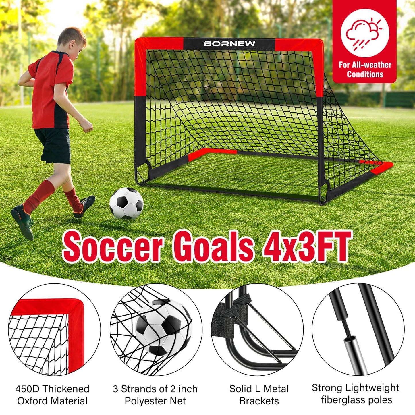 BORNEW 2 Pack Soccer Goal - Backyard & Indoor Soccer Goals for Kids, 4X3 ft Portable Pop Up Soccer Nets Set for Youth & Adult and Outdoor Games and Soccer Training Equipment Ages 3-16 Year Gift