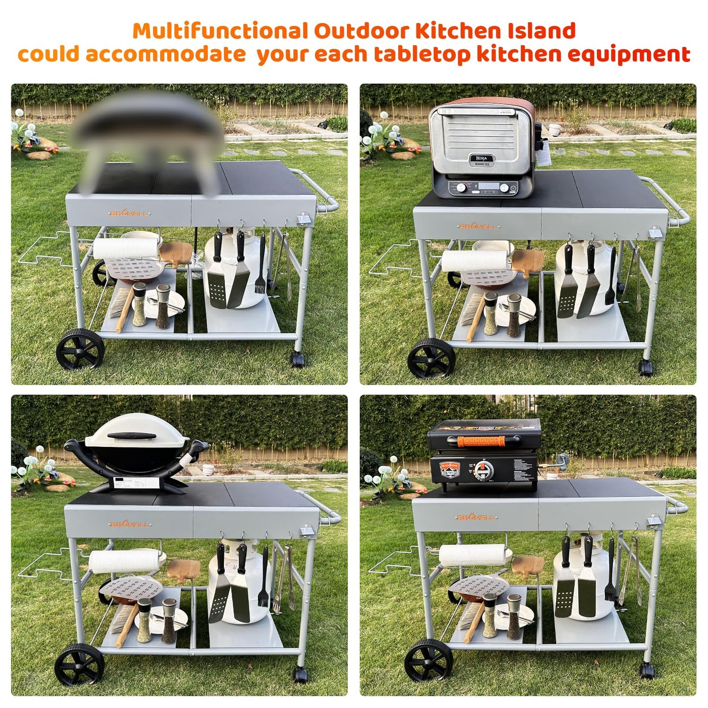 BBQMall Upgraded Pizza Oven Cart Table for Ooni Koda/Karu/Fyra 16 & 12, Movable Thicken & Widen Rolling Kitchen Cart, Outdoor Grill Stand for Ninja Woodfire,Blackstone Griddle,Barbecue Tool Set