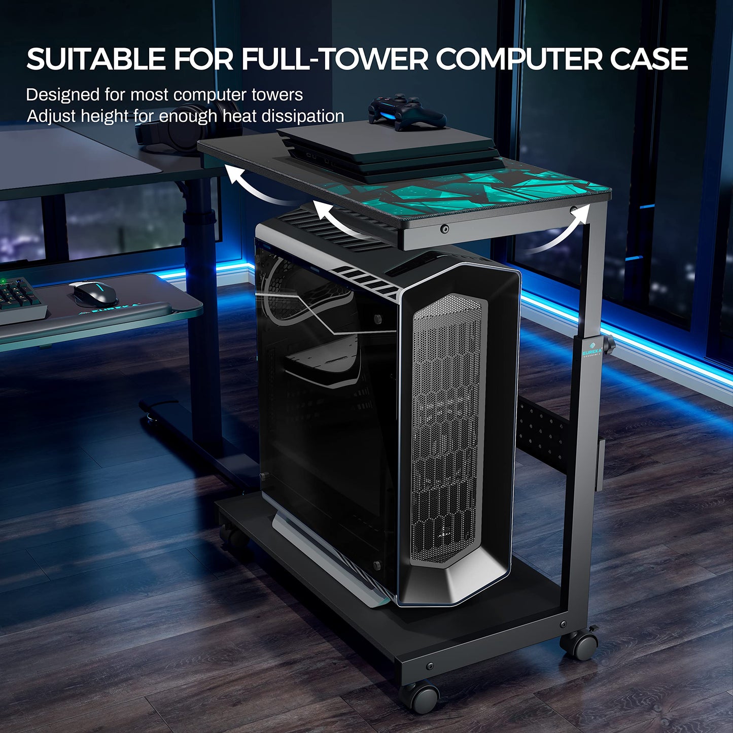 EUREKA ERGONOMIC PC Stand Computer Cart, Height Adjustable Tower Stand 2-Tier Suit for ATX Case Printer, Metal Rolling Cart on Wheels for Gaming Home Office, Black