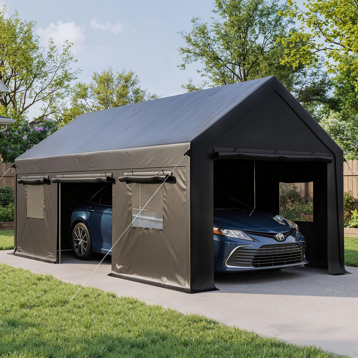 AirWire 12x20 FT Heavy Duty Carport, Portable Car Tent Garage with Roll-Up Windows & Side-Opening Door, Enclosed Car Port Canopy with Reinforced Four-Hole Base for Car, Truck, Boat