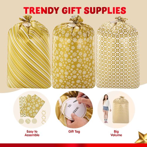 JOYIN Jumbo Gift Bags - 3 Pack 56”x36” Gold Plastic Holiday Present Bags for Christmas Decor & Large Toys
