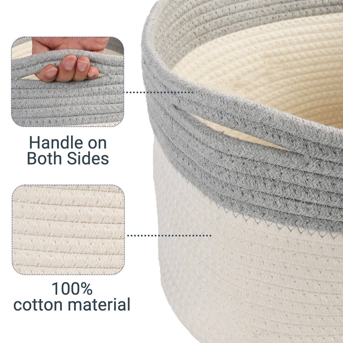 PrimePets Cat Toy Basket, Cotton Rope Storage Basket with Handles, Small Woven Pet Box Bin for Blankets, 15x10x9 inch Cat Holder Container, White and Grey