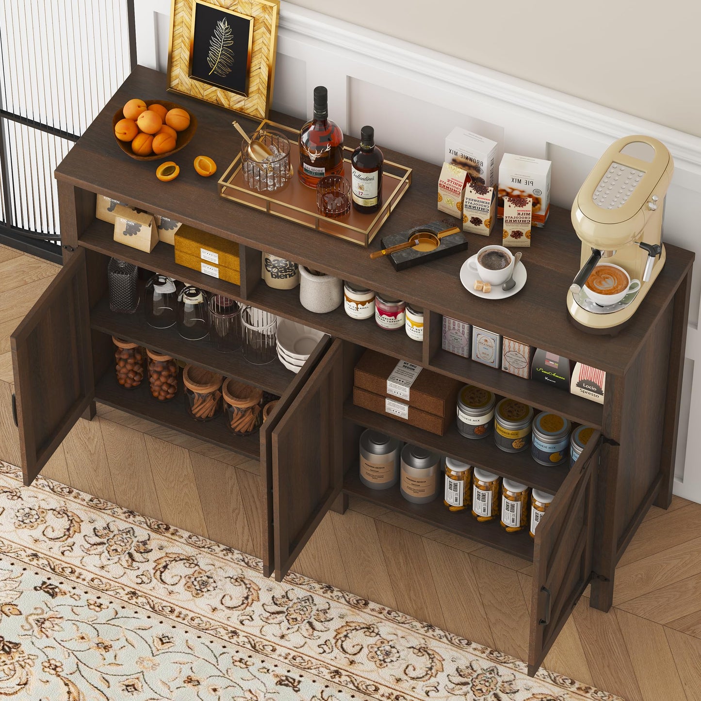 knoworld Buffet Sideboard with Storage Farmhouse with 4 Doors, 55'' Large Kitchen Storage Cabinet Wood Coffee Bar Cabinet Buffet Table with Shelves for Kitchen, Dining Room, Entryway (Brown, 55in)
