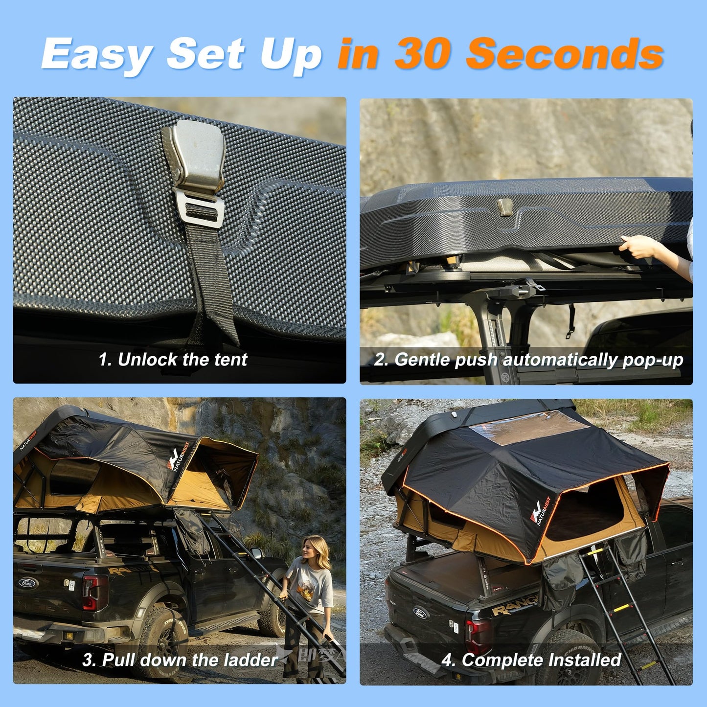 Naturnest Rooftop Tent Hard Shell, Easy Set Up Extra Large Roof Tent for 4 Person Camping Top Tents, Waterproof UV-Resistant 4 Season Tents for Truck, Jeep, SUV, Trailer - Sirius 2 XL