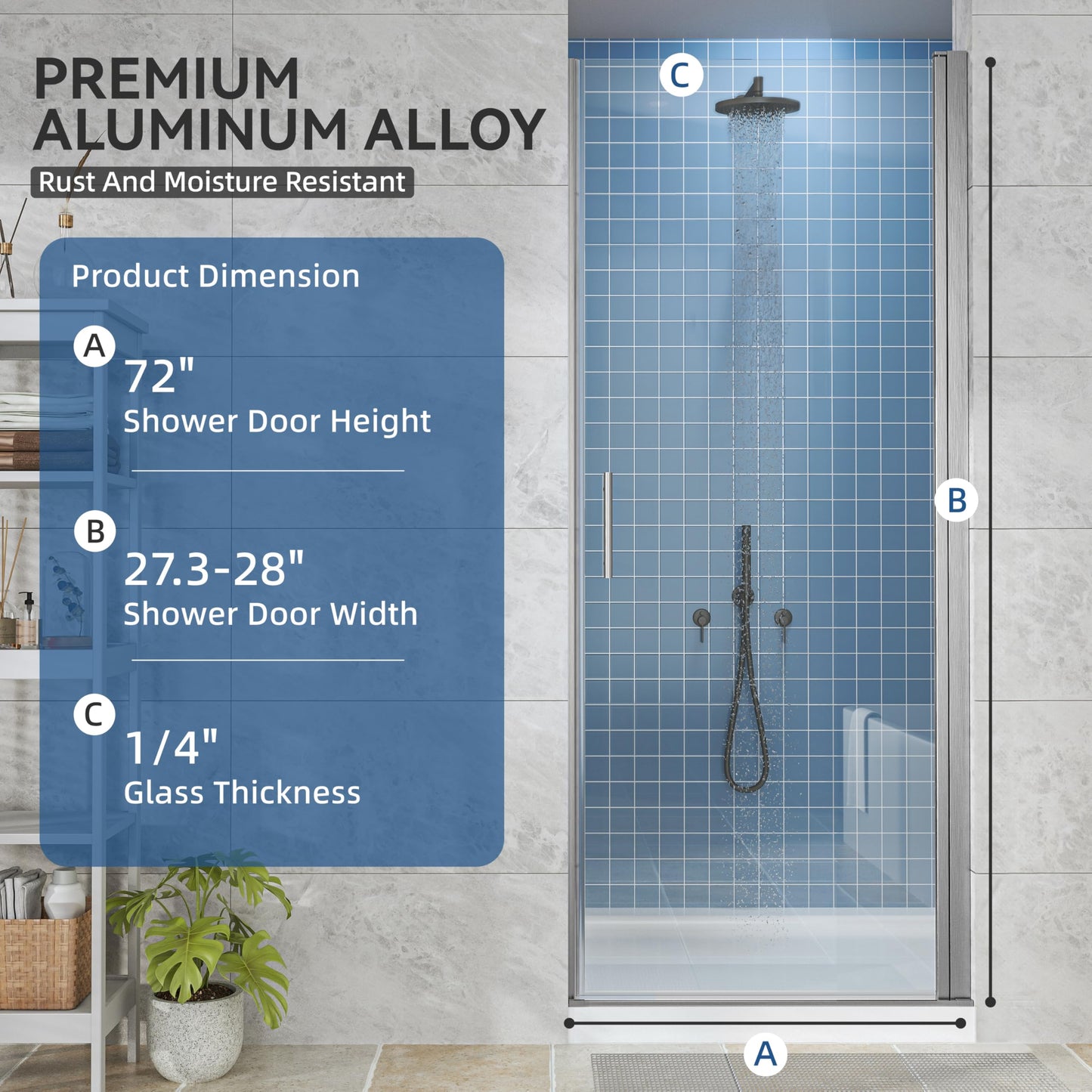 Hasipu 27.3-28" W X 72" H Pivot Shower Door - 1/4" Tempered Glass Shower Door, Brushed Nickel, Reversible Installation for Bathroom