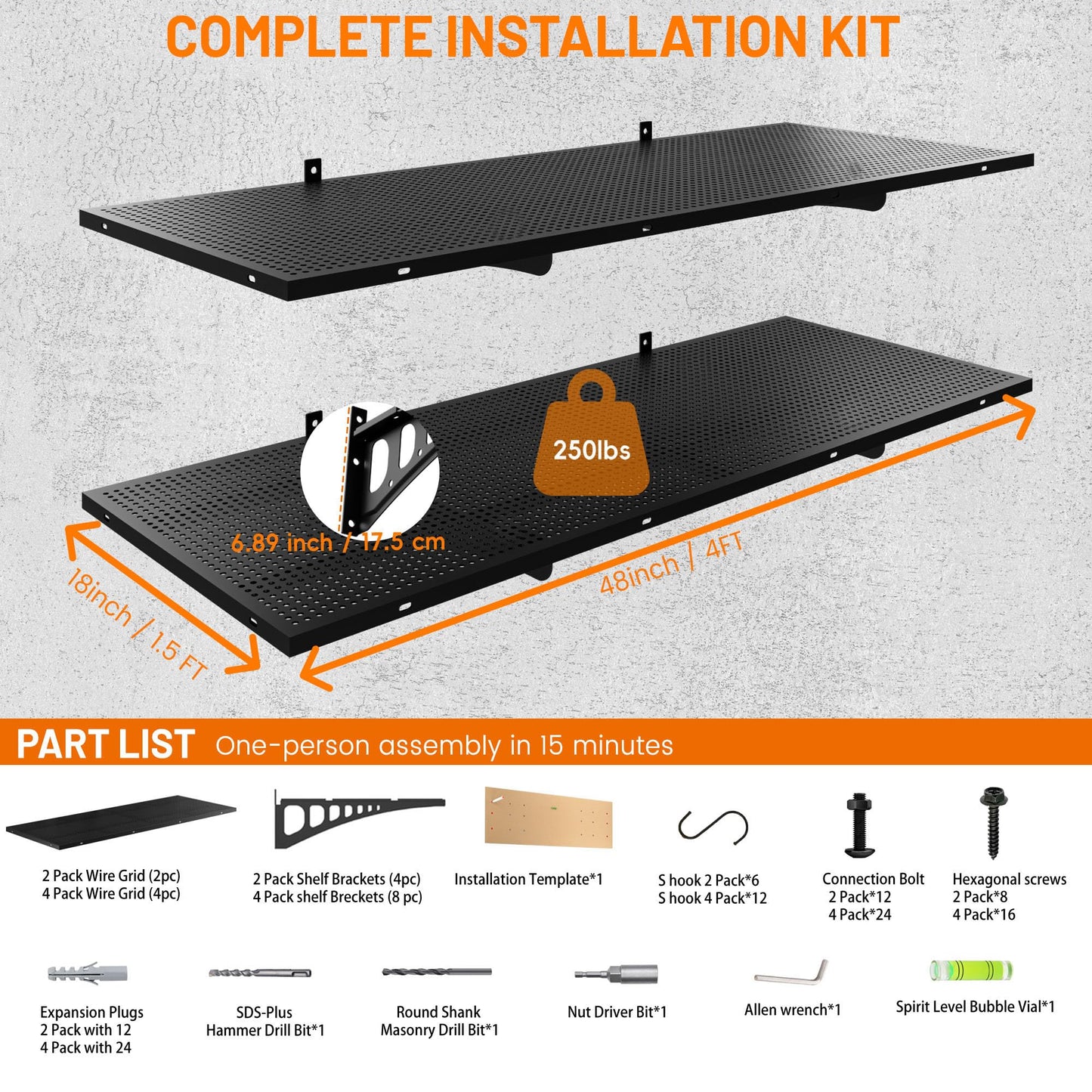 Cuguords 2-Pack 1.5x4ft Garage Wall Shelving, 500 Lbs Heavy Duty Garage Shelving Wall Mounted, Flat Metal Rack With Complete Install Kit & Hooks, Black