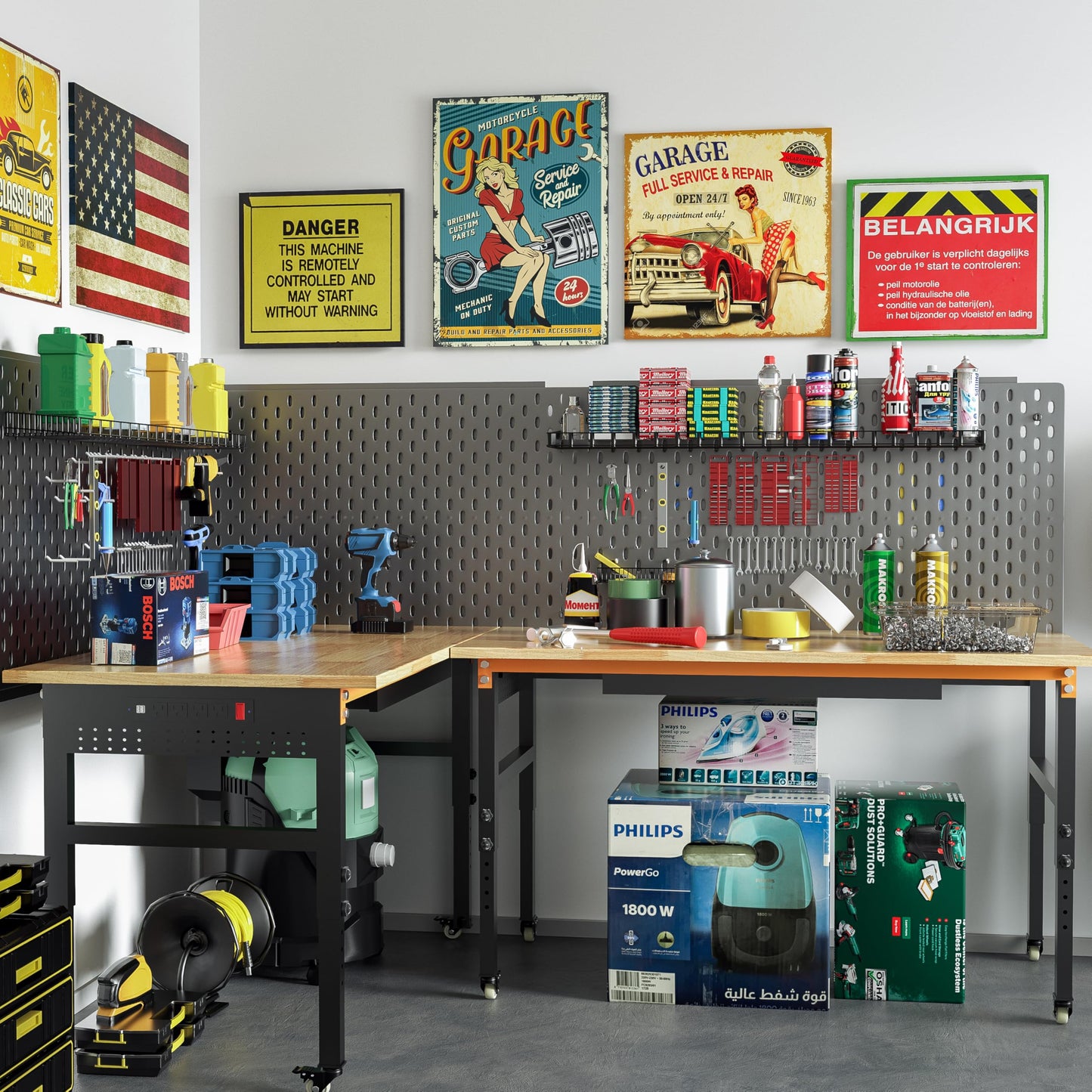 Betterhood 60" Adjustable Workbench on Wheels, 2000 LBS Heavy Duty Work Table with Power Outlets & Pegboard, Rubber Wood Workstation for Garage, Workshop, Office, Home, Commercial
