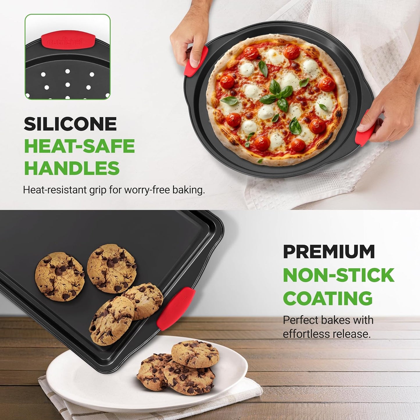 NutriChef 10-Piece Nonstick Baking Pans Set - Premium Carbon Steel Bakeware with Silicone Handles | Easy to Clean