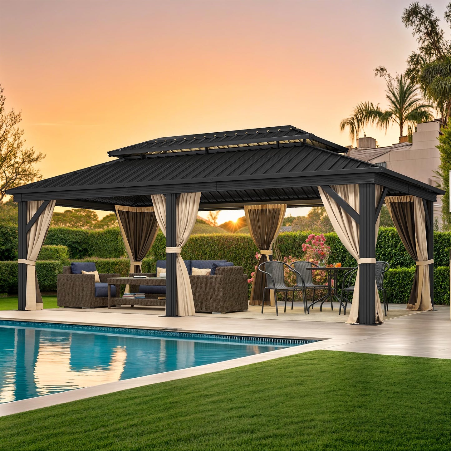 DWVO 12x20ft Hardtop Gazebo Double Roof with Nettings and Curtains, Heavy Duty Galvanized Steel Outdoor Vertical Stripes Roof for Patio, Backyard, Deck, Lawns, Brown