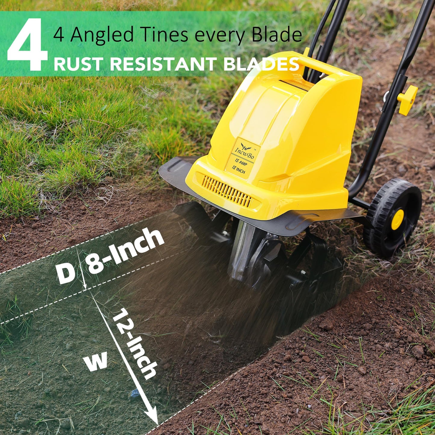 IncwBo Electric Tiller/Cultivator 4 Steel Tines, Garden Roto Tillers for Gardening, 15Amp 12 Inch Corded Rototiller with Adjustable Wheels
