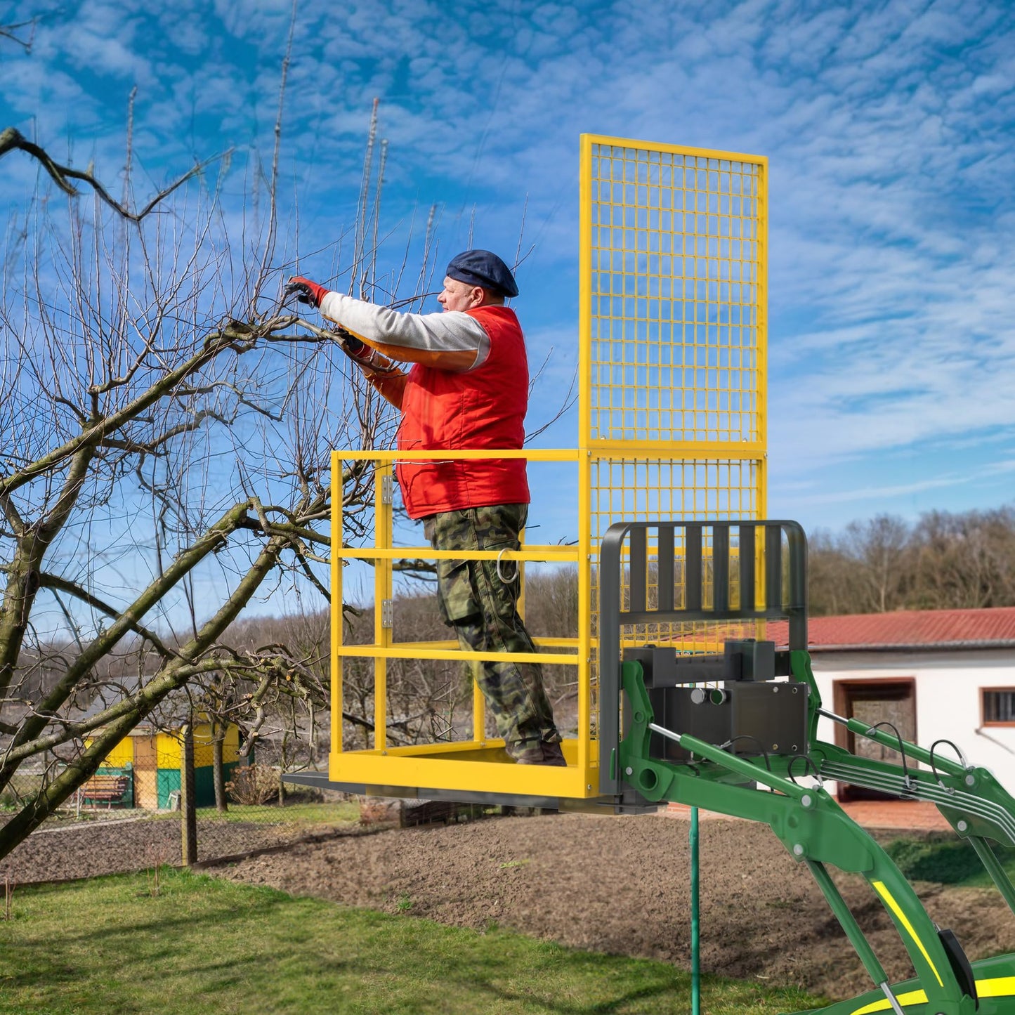 YITAMOTOR 43"x45" Forklift Safety Cage, 1400 LBS Yellow Capacity Forklift Work Platform with Safety Harness, Collapsible Lift Basket Aerial Platform for Lifting Loader