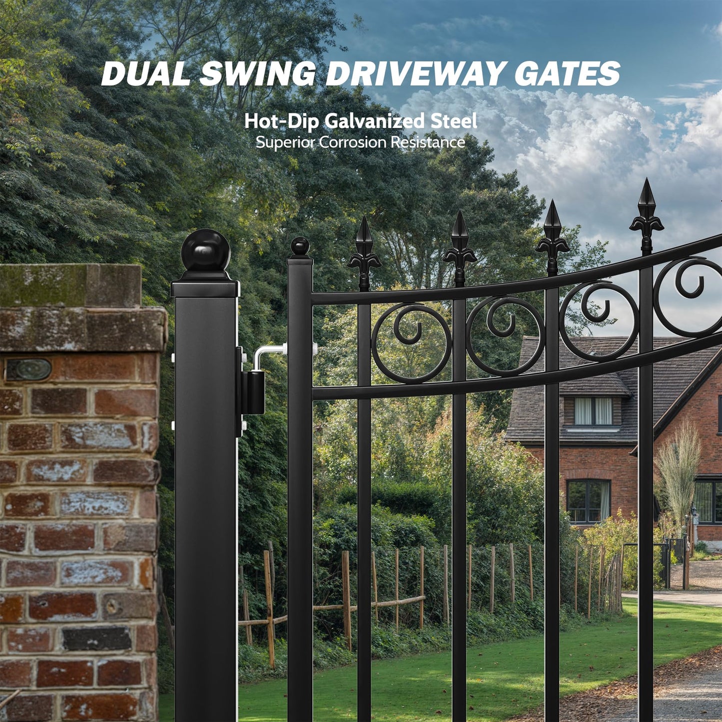 ZUMI Double-Swinging Driveway Gates, 12 x 6 feet, Heavy-Duty Driveway Fence Gates for Home Security, Weatherproof Iron Outdoor Security gate kit, Sydney Style