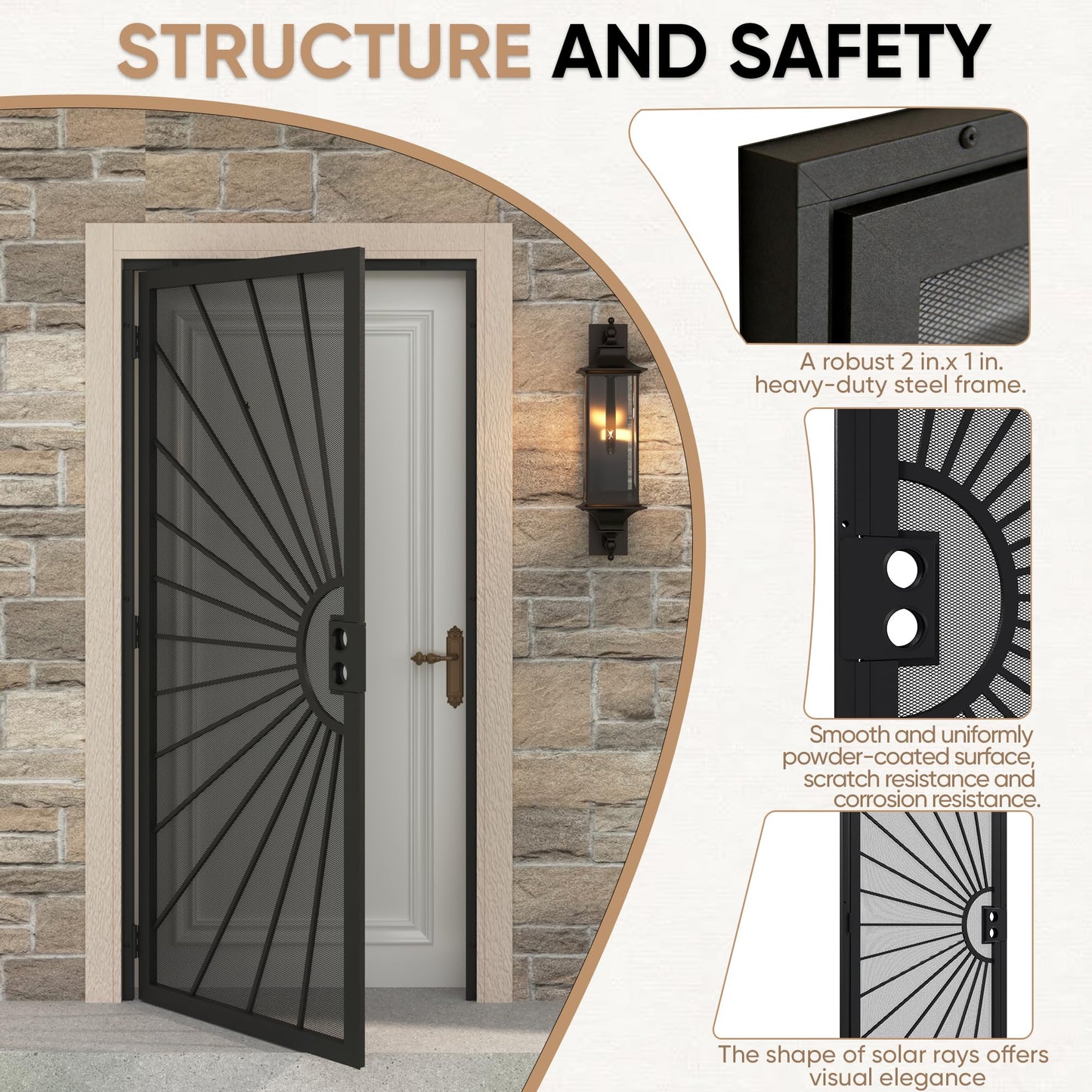 JUBEST 32 in. x 80 in. Security Door, Exterior Front Entry Door, Outswing Steel Security Door with Perforated Metal Screen, Powder Coated Black, Lock Not Include