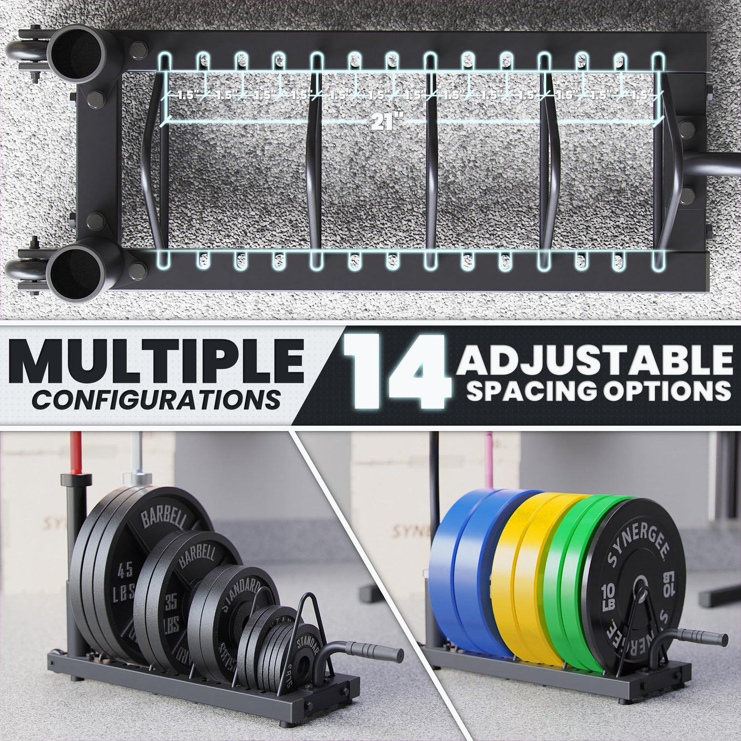 Synergee Horizontal Plate Storage Rack with Barbell Holders – Interchangeable Dividers, 350 lb Capacity, Fits Bumper & Cast Iron Plates, Wheels for Easy Mobility