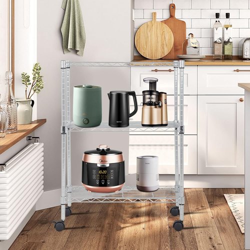 BestOffice 3-Tier Wire Storage Shelves with Wheels - Heavy-Duty Metal, Adjustable Racks | Chrome | 23x13x31 | Holds Up to 170 lbs | No-Tool Assembly for Home & Garage