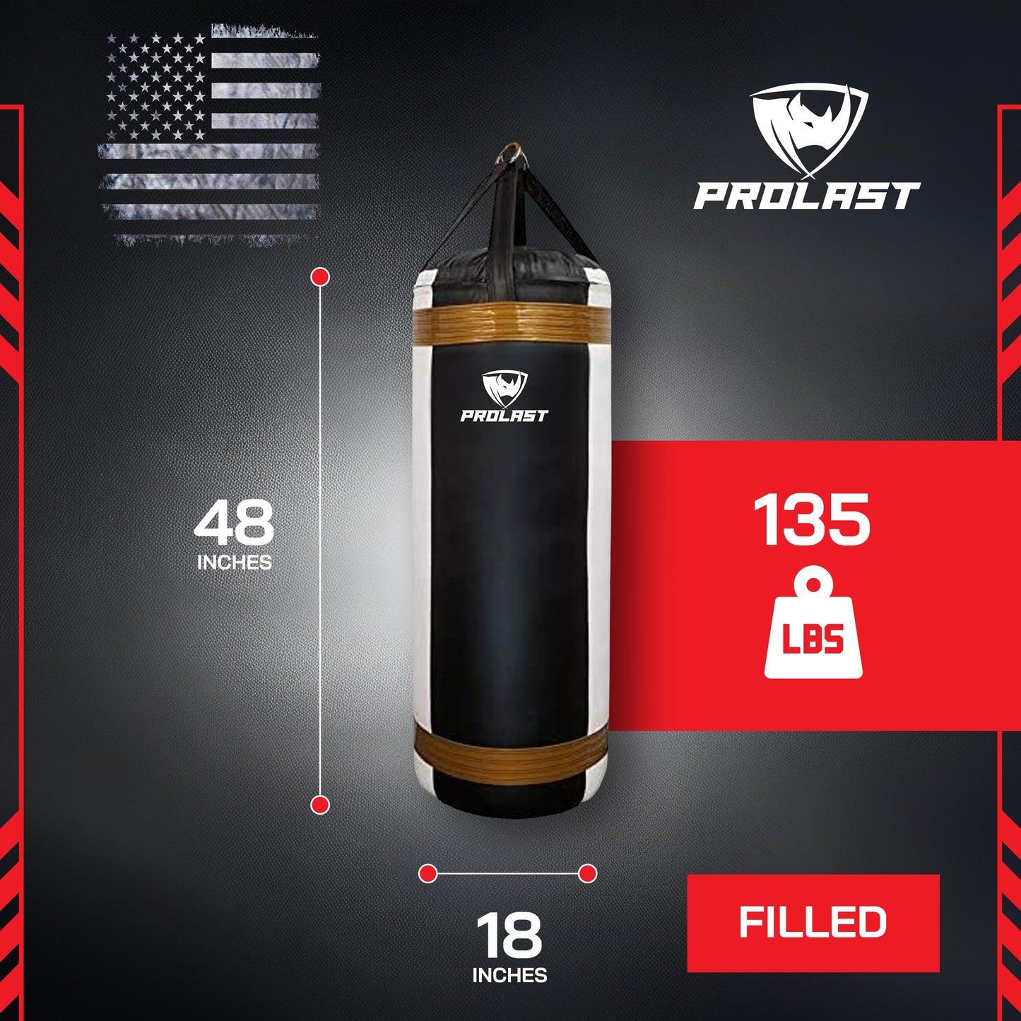 PROLAST Luxury Extra Large Heavy Punching Kicking Bag for Adults, Boxing, MMA, Martial Arts, Muay Thai, Strength Training Equipment, Filled, 4ft, 135 lbs, White and Black with Gold Trim