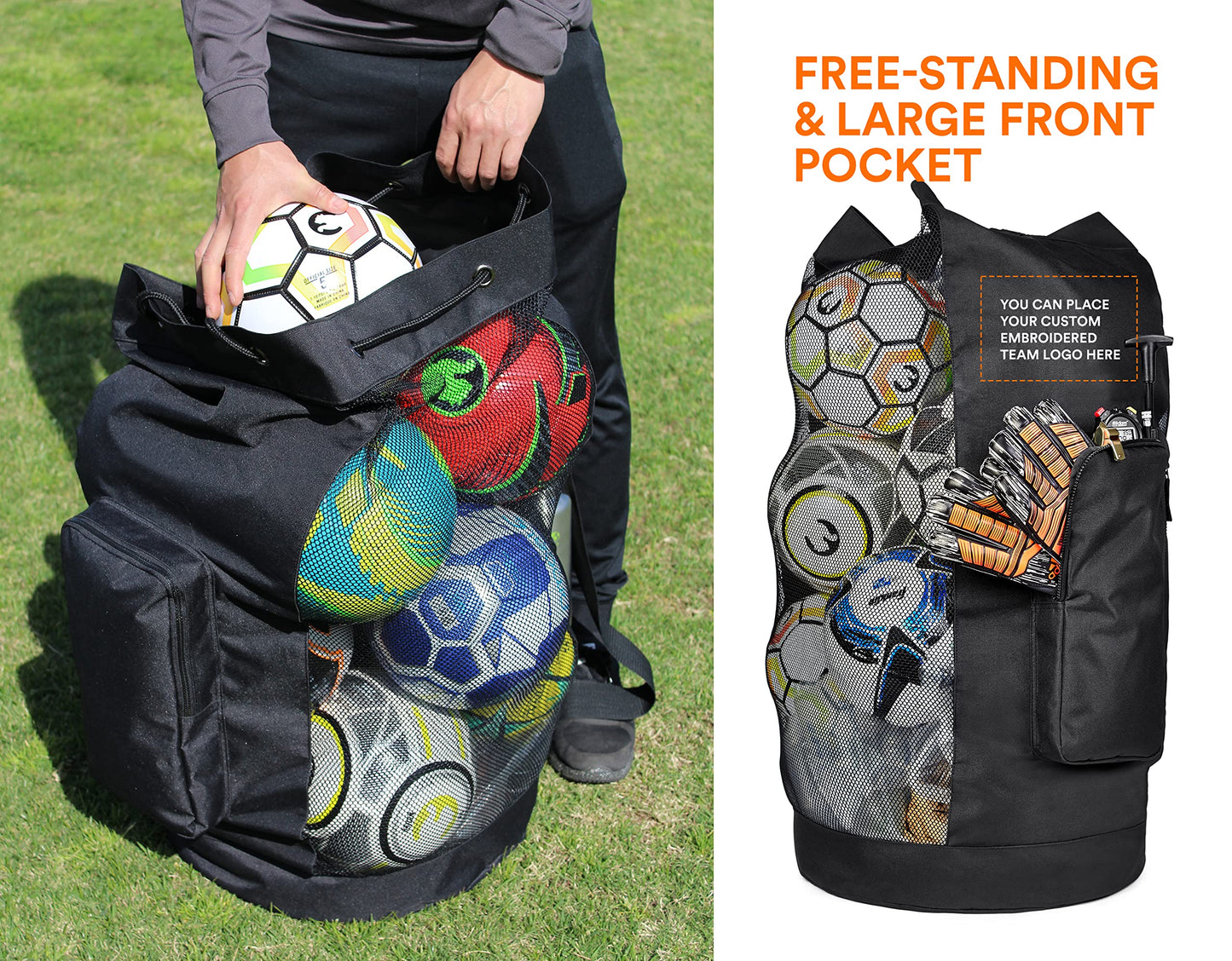Fitdom Heavy Duty XL Soccer Mesh Equipment Ball Bag w/Adjustable Shoulder Strap Design for Coach. with an Over-Sized Front Pocket for Sporting Accessories. Best for All Outdoor & Water Gears