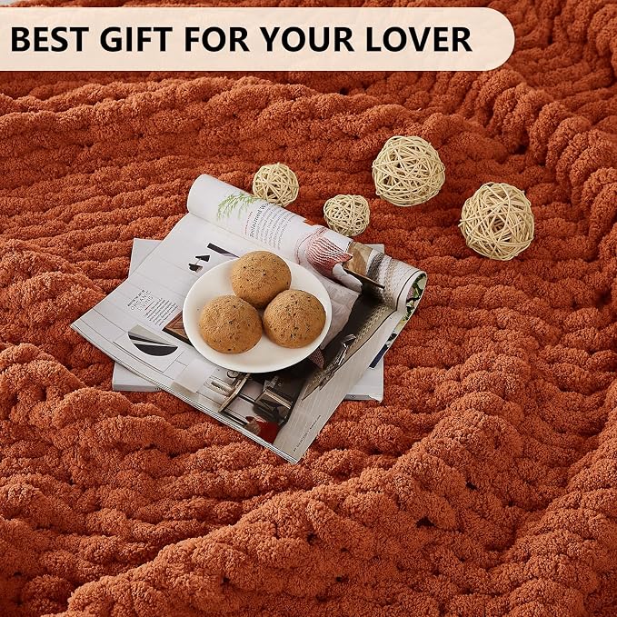 L'AGRATY Chunky Knit Blanket Throw: 50''x60'' Chenille Chunky Knitted Throw Blanket for Bed Couch - Handmade Thick Big Cable Knit Blanket - Large Crochet Rope Blankets for Home Decor(Rusty Orange)