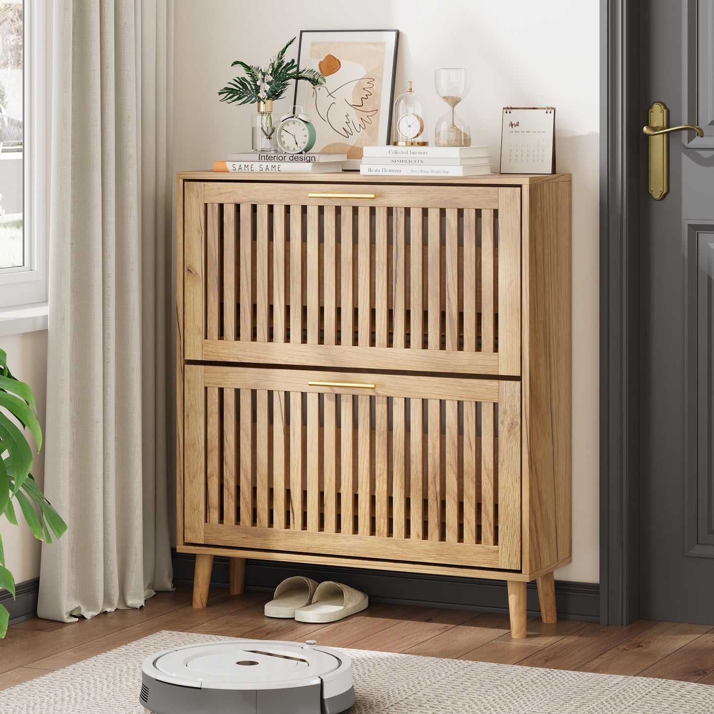 Shoe Storage Cabinet with Louvered 2 Flip Drawers, Narrow Shoe Cabinet Storage for Entryway, Freestanding Shoe Organizer Cabinet with Golden Handles, Slim Shoe Rack Cabinet 31.5in(Natural Wood)