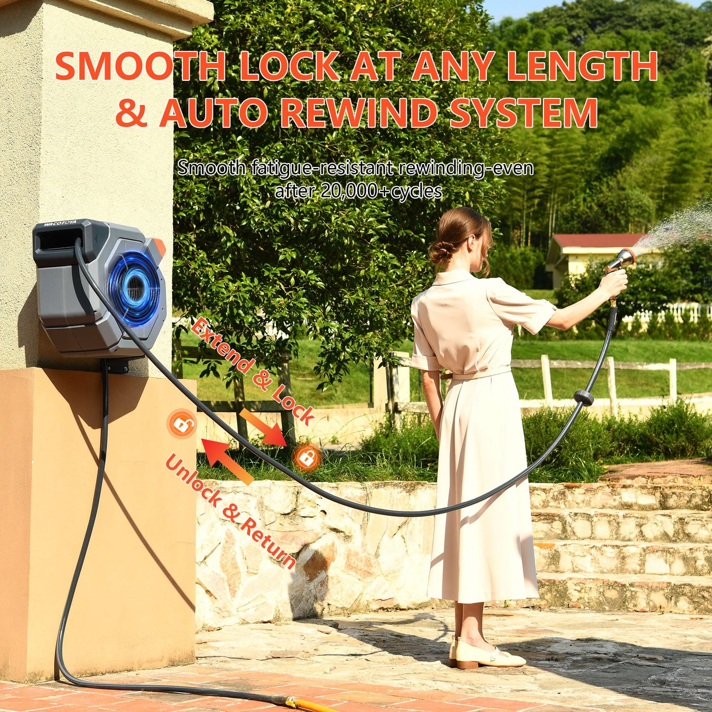 Retractable Garden Hose Reel, 1/2 in x 175 ft Heavy Duty Wall Mount Water Hose Reel with Metal Bracket & 9-Pattern Metal Nozzle, Any Length Lock, Slow Retraction and 180° Swivel
