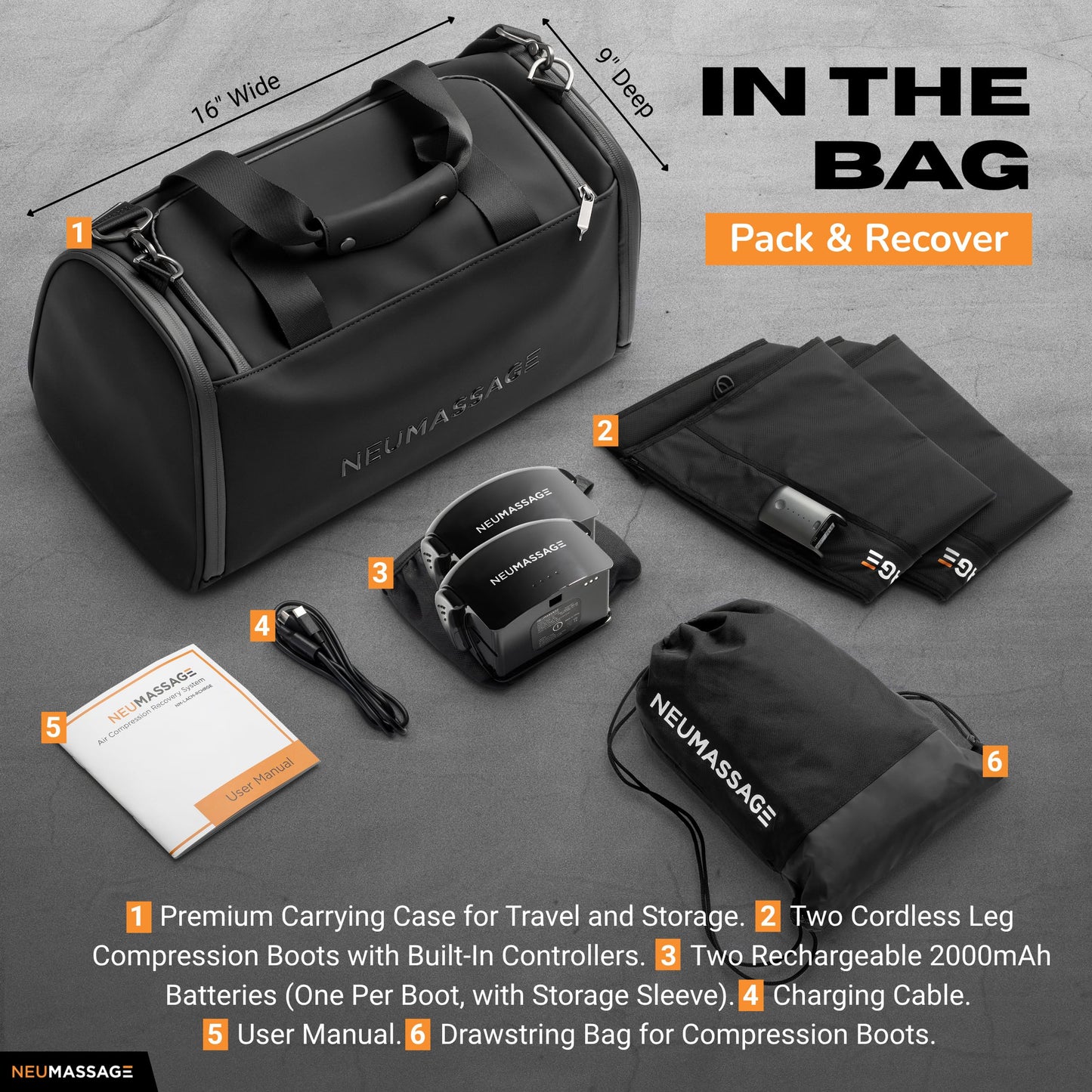 NEUMASSAGE Professional Leg Compression Massager Recovery System | Cordless Rechargeable Air Recovery Boots with Sequential Compression | Fast Recovery & Improved Circulation [Medium, Black]