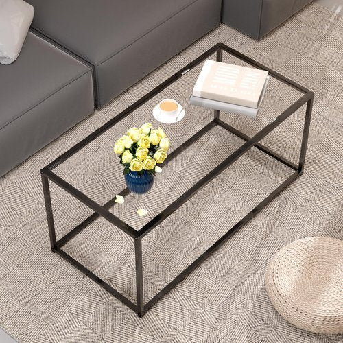 Glass Coffee Table Modern Center Table,Minimalist Coffee Table for Living Room,Tempered Glass-top with Sturdy Metal Frame, Easy Assembly,Black