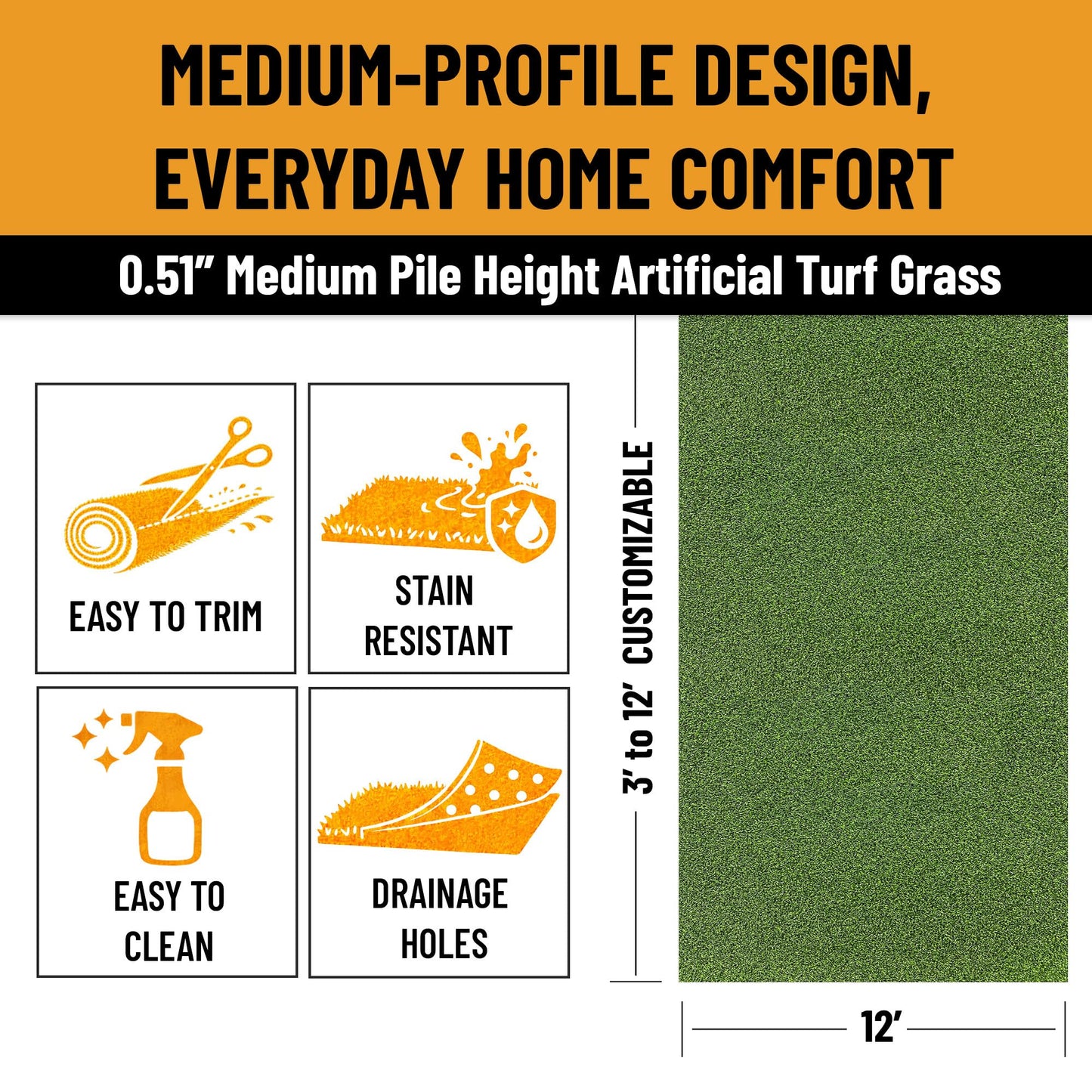 Ottomanson Artificial Grass Rug 4' x 12', Heavy Duty Outdoor Fake Grass Rug for Backyard, Patio, Deck & Home Gym, Large Area Turf with Drainage Holes, UV Resistant