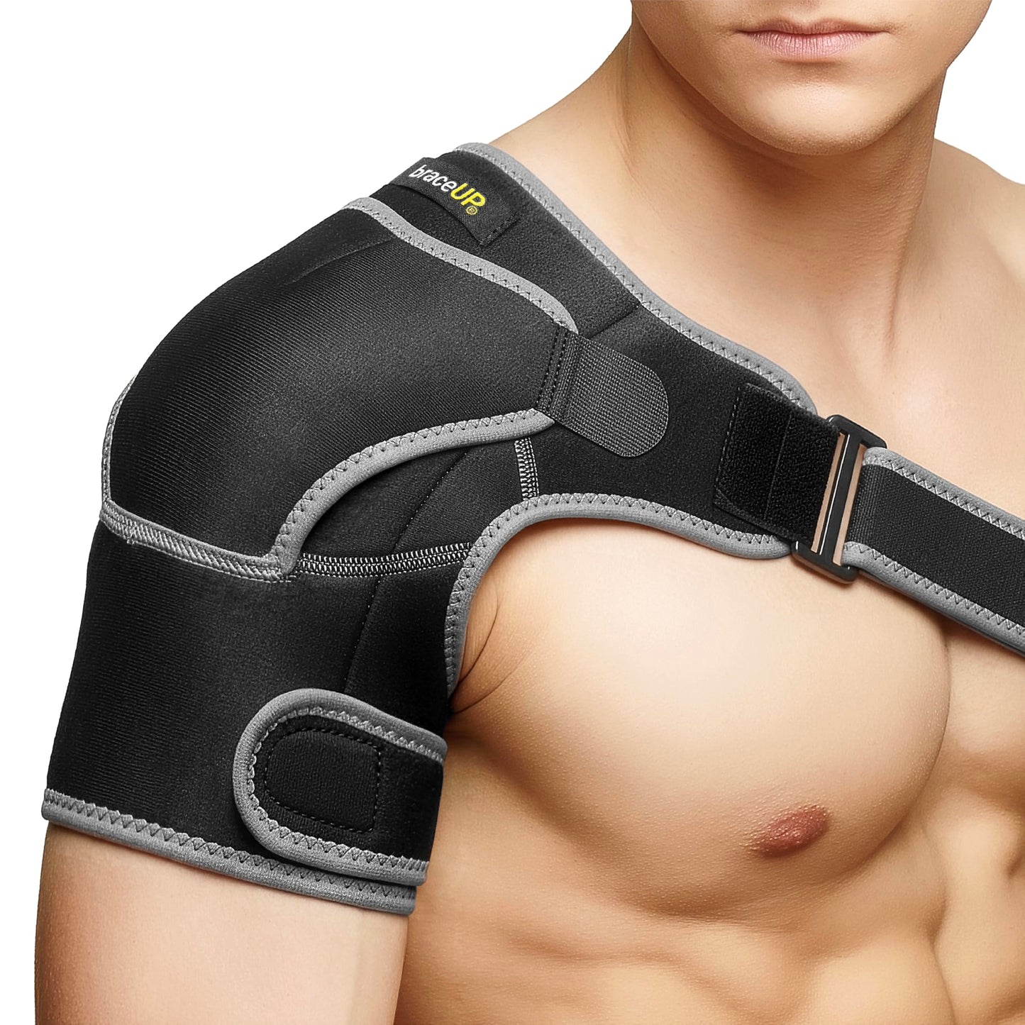 BraceUP Shoulder Brace with Adjustable Support and Ice Pad Pocket for Pain Relief, Rotator Cuff Recovery, and Injury Prevention - Ideal for Men and Women, One Size Fits Most