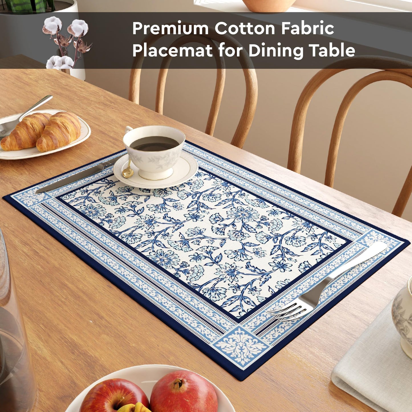 Encasa XO Dining Table Mats Set of 6 | Indigo-02 Block Printed Cotton Canvas Placemat - 18x13 in | Jaipur Sanganeri Hand Print