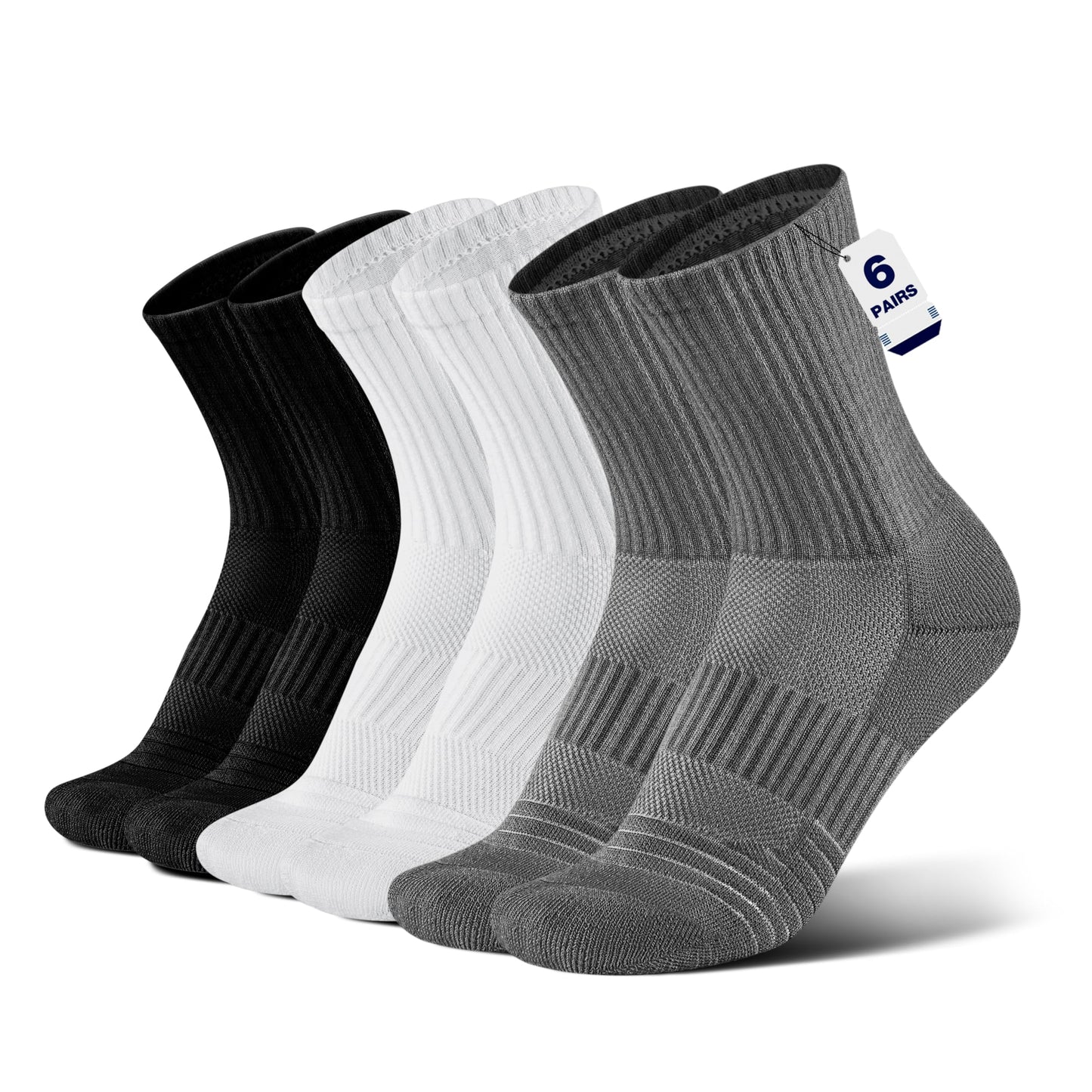 BloomBuddies Bamboo Viscose 6 Pair Men Women Crew Compression Sock Running Cushion Moisture Wick Anti Blister Athletic Hiking