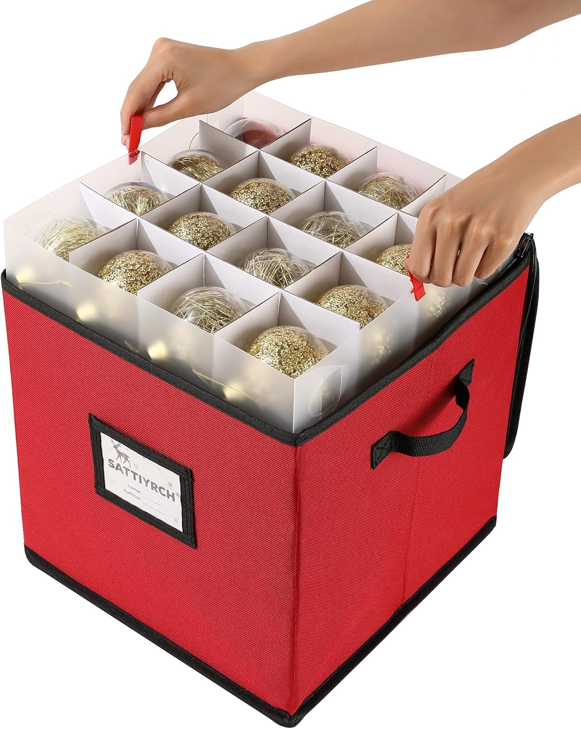 Sattiyrch Christmas Ornament Storage Box - Dust-Proof Canvas with 4 Trays & Customizable Dividers | Holds Up to 64 Ornaments